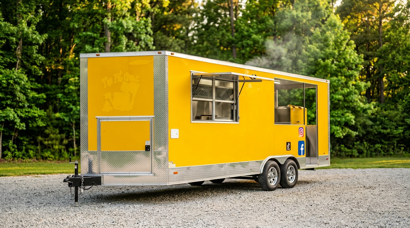 The yellow Triple R BBQ trailer set up and ready to serve at an outdoor event